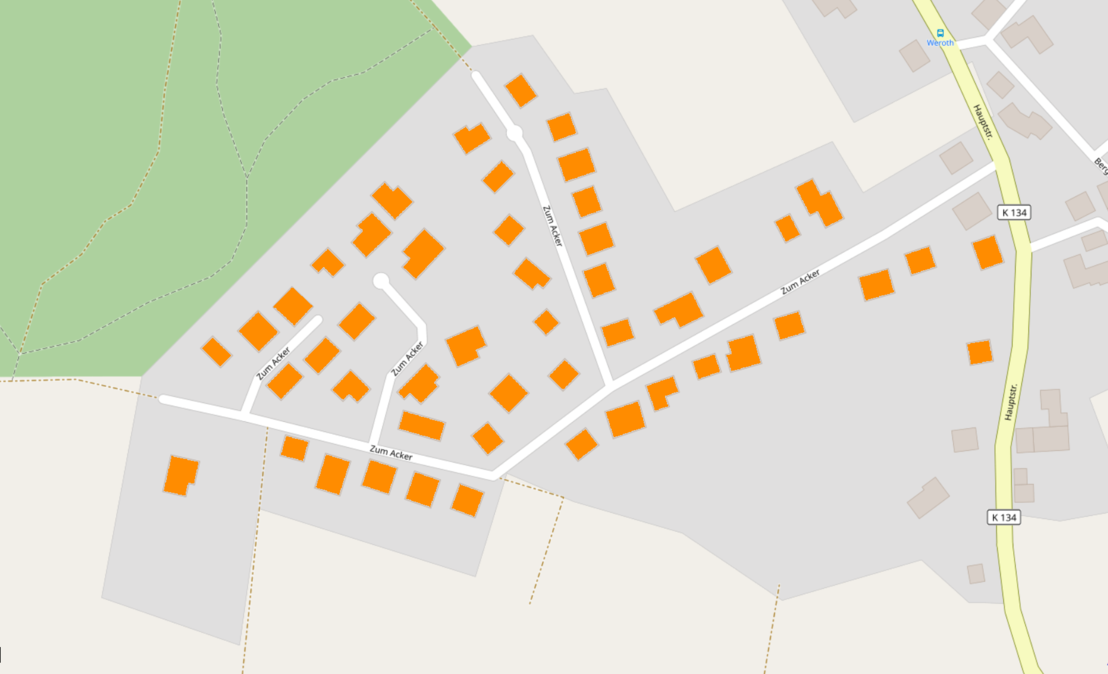 orange markiert: die Gebäude, die mit Glasfaser erschlossen werden (Quelle: OpenStreetMap)
